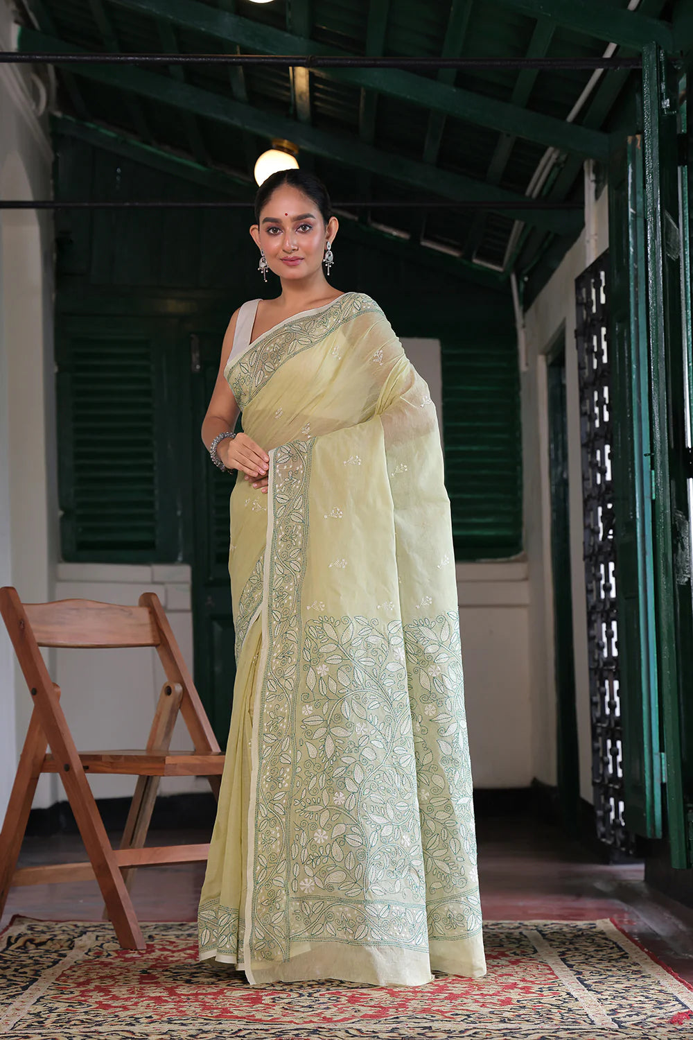 Handloom Tea Green Pure Cotton Kantha Saree