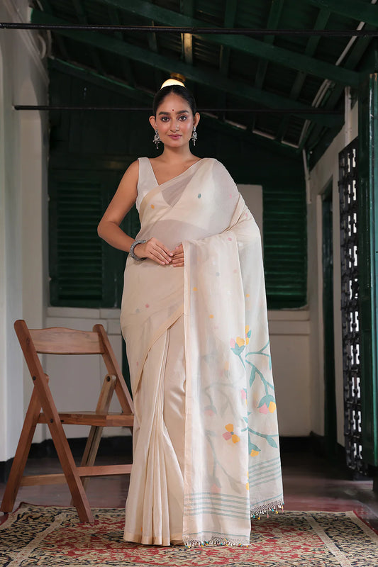 Handloom Light Beige Soft Cotton Jamdani Saree