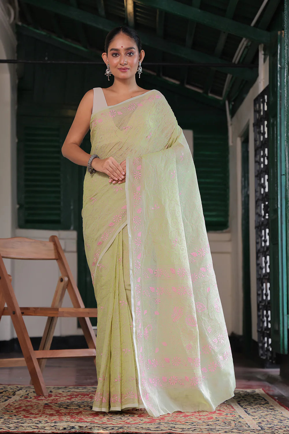 Handloom Pastel Green Pure Cotton Kantha Saree