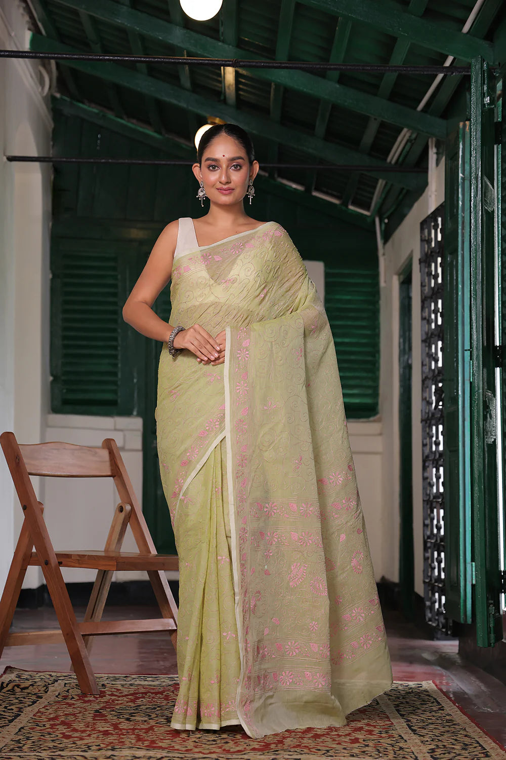 Handloom Pastel Green Pure Cotton Kantha Saree