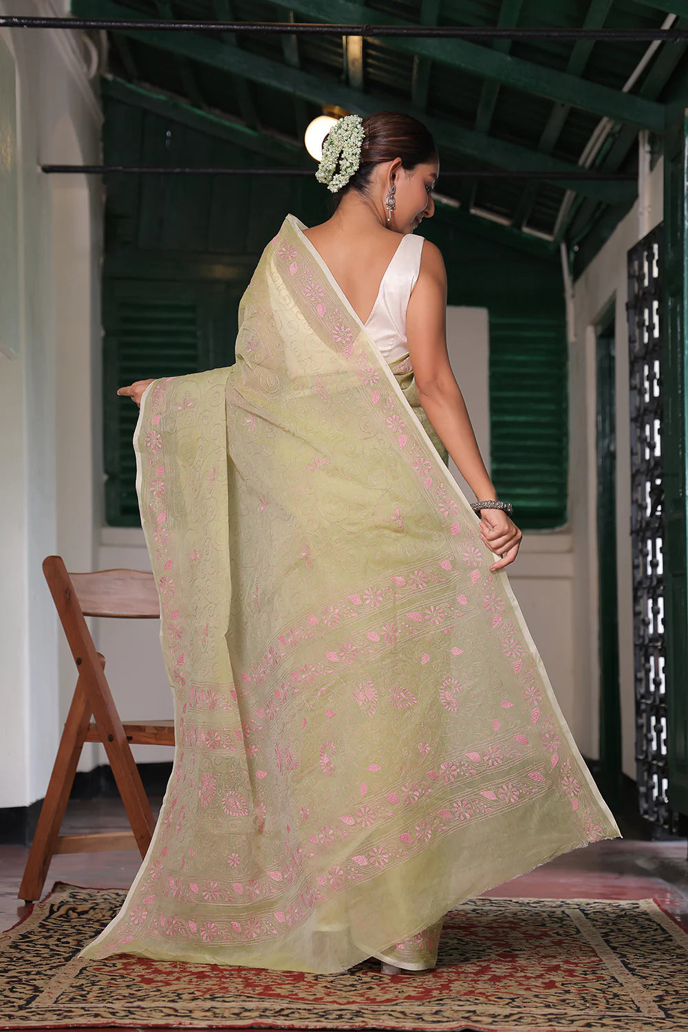 Handloom Pastel Green Pure Cotton Kantha Saree