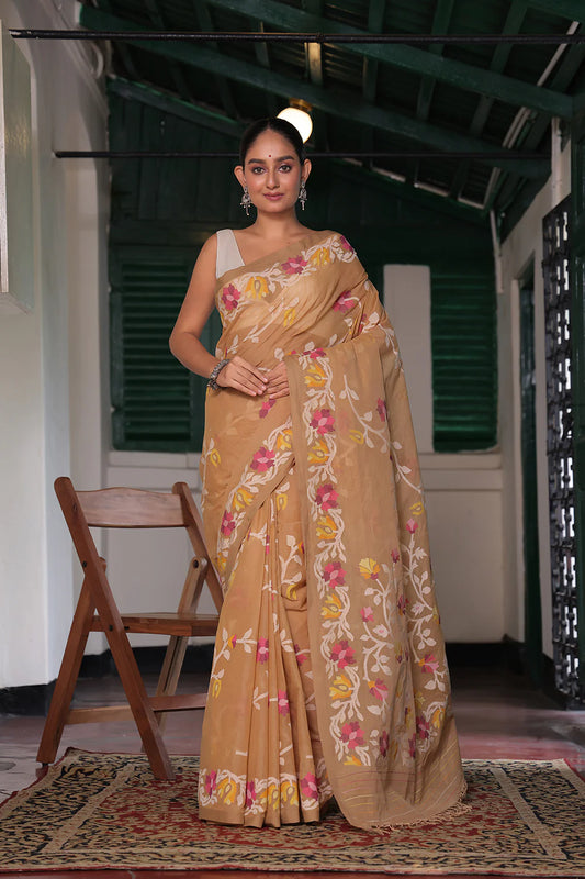 Handloom Camel Beige Pure Cotton Jamdani Sareewith Floral Motifs