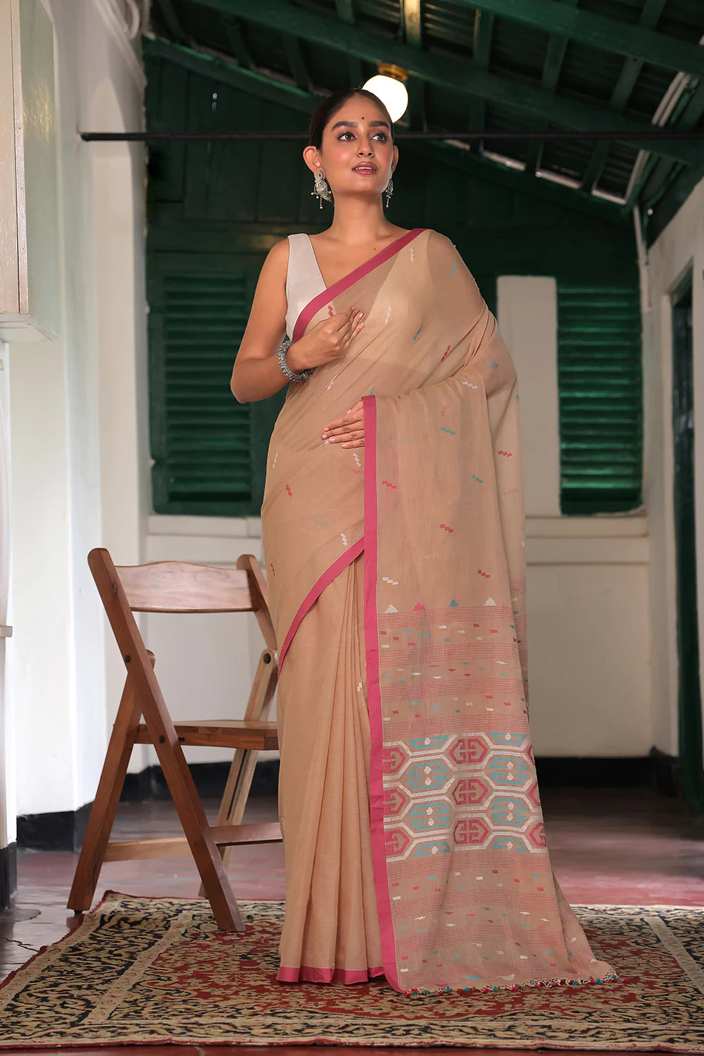 Handloom Cookie Brown Soft Cotton Jamdani Saree