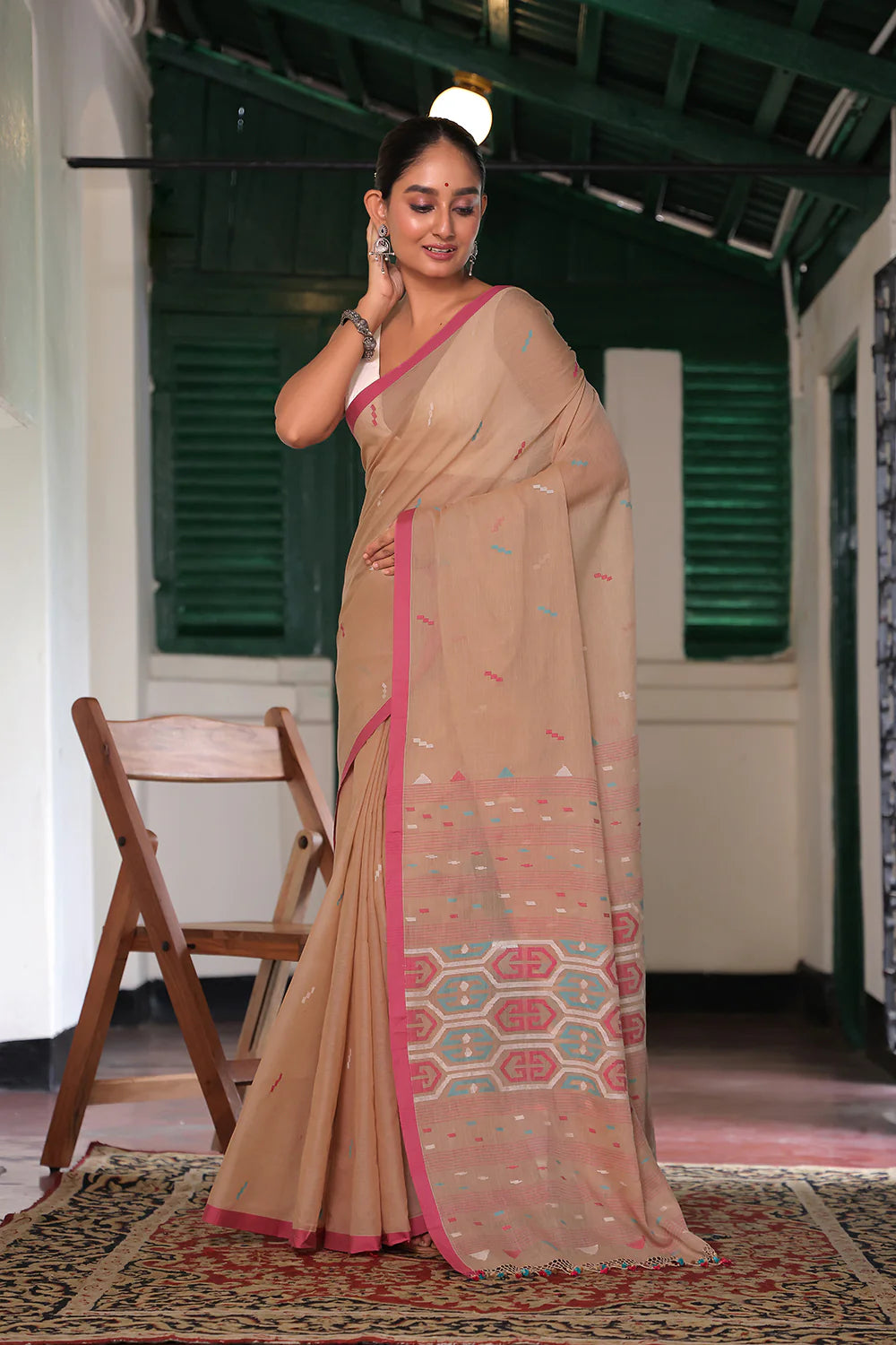 Handloom Cookie Brown Soft Cotton Jamdani Saree