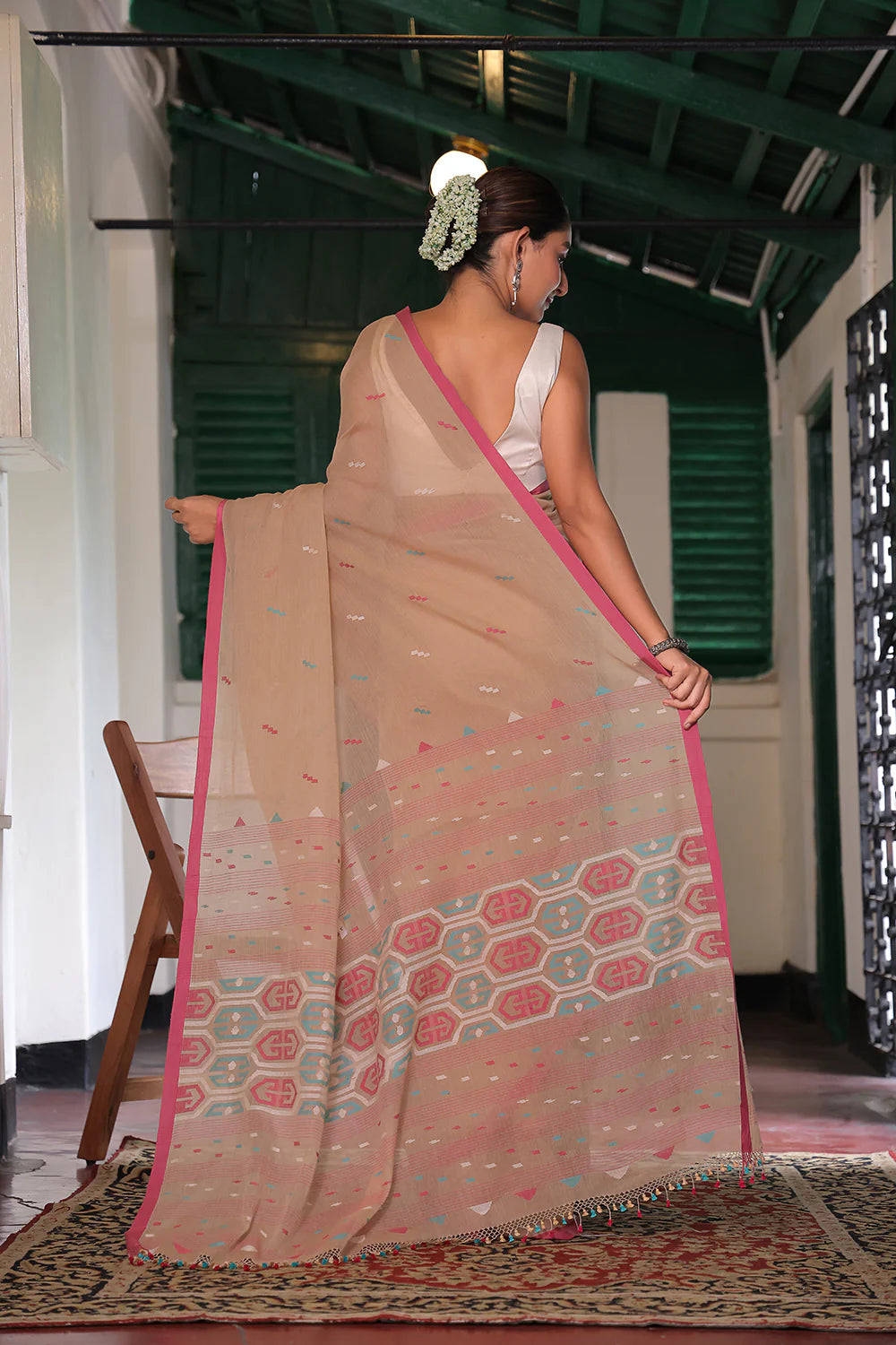 Handloom Cookie Brown Soft Cotton Jamdani Saree