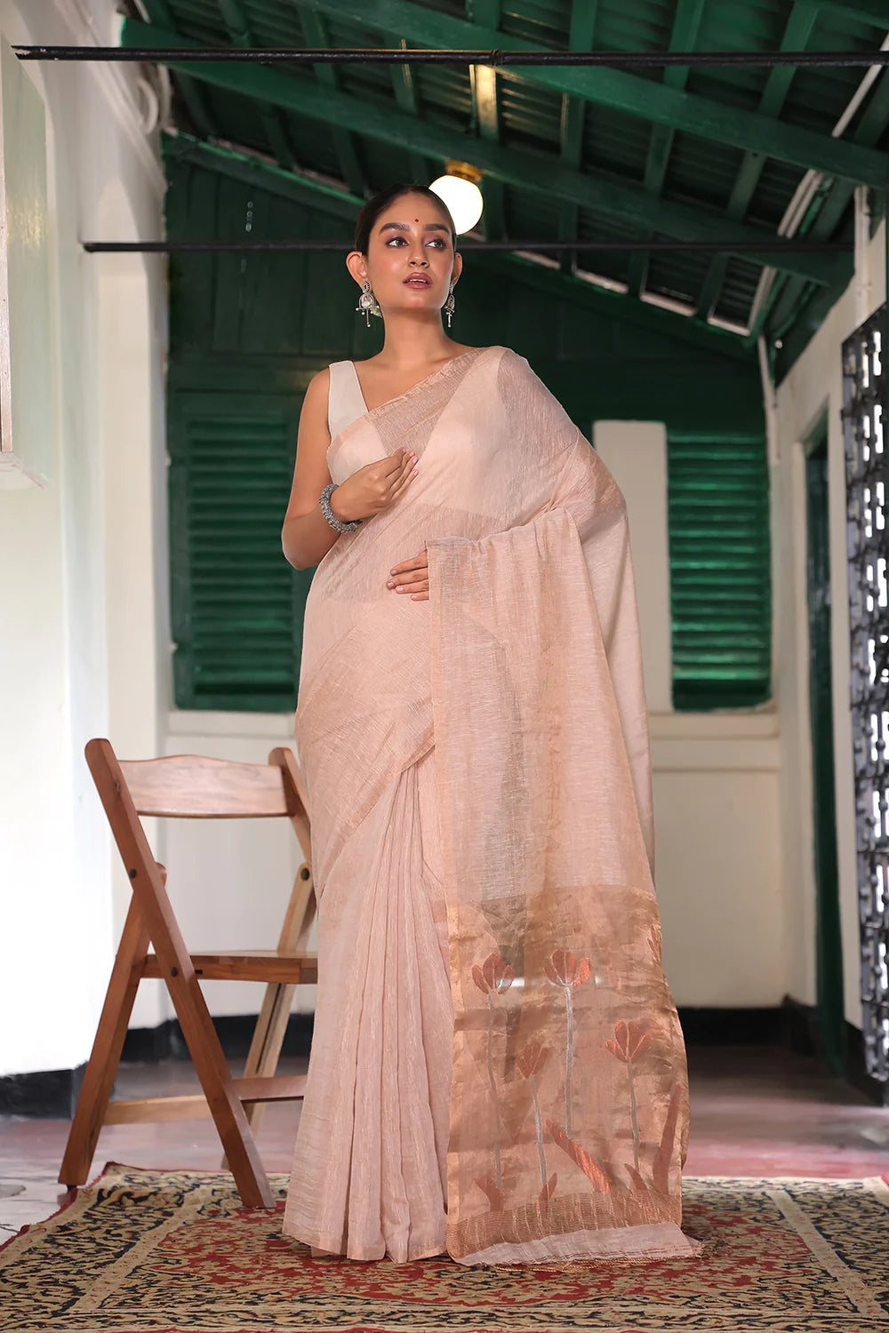 Handloom Melon Pink Tissue Linen Tulip Saree