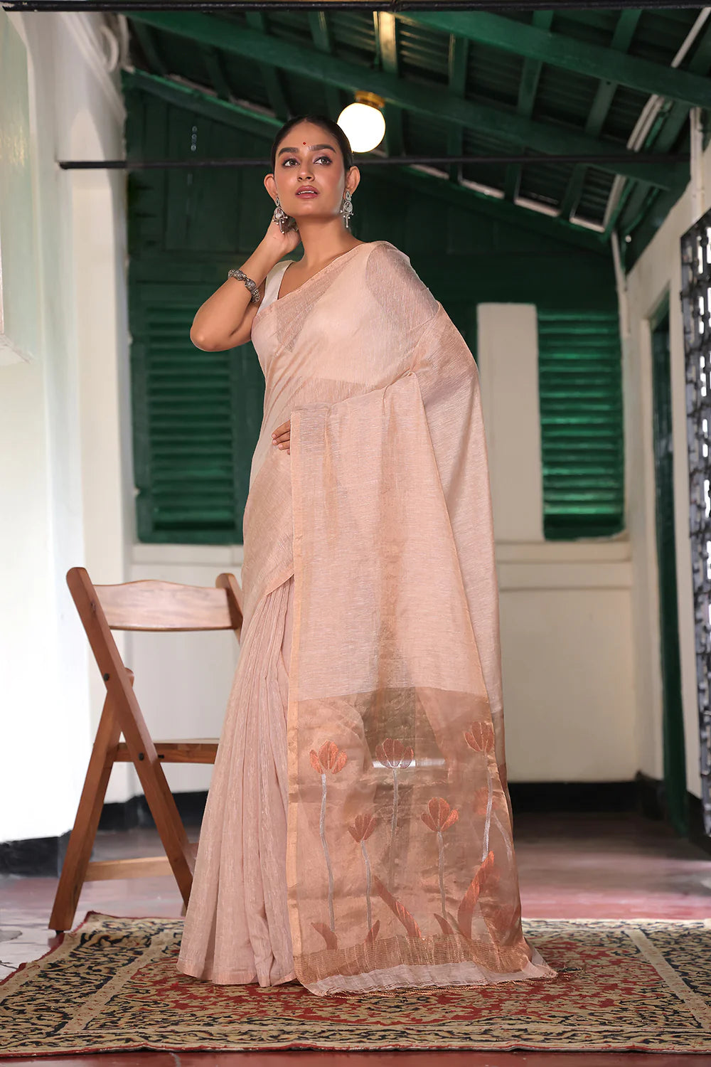 Handloom Melon Pink Tissue Linen Tulip Saree