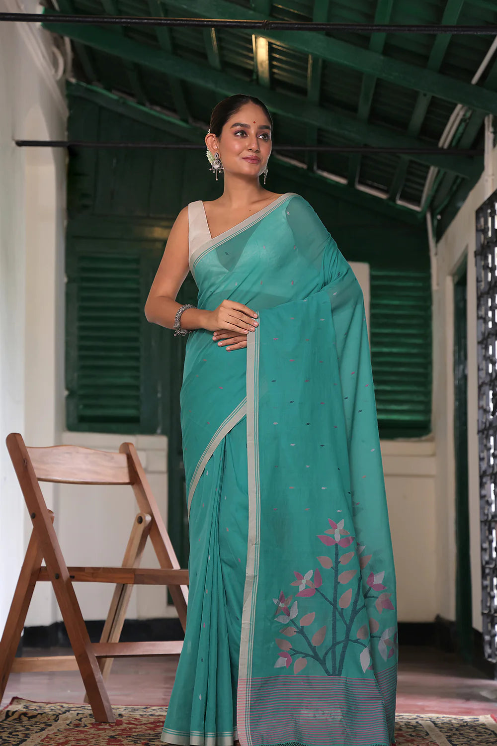 Handloom Fern Green Soft Cotton Jamdani Saree