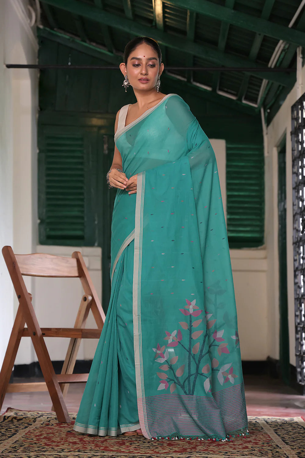 Handloom Fern Green Soft Cotton Jamdani Saree