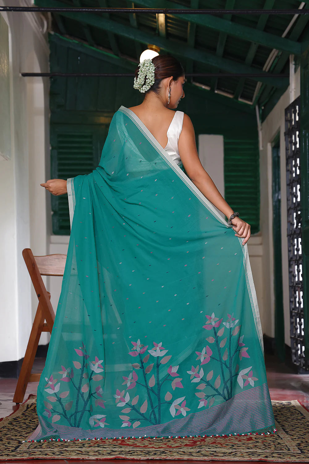 Handloom Fern Green Soft Cotton Jamdani Saree