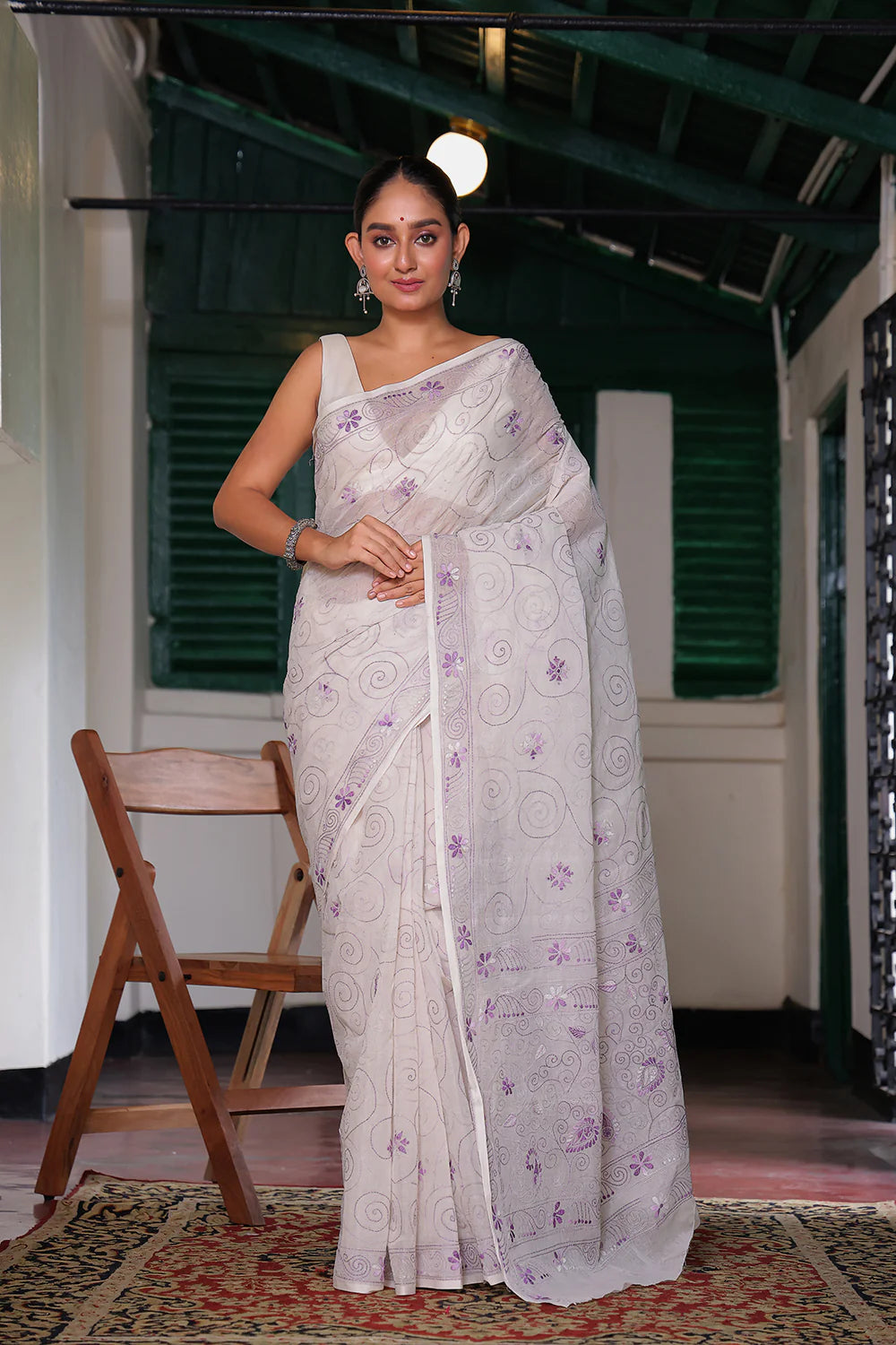 Handloom White Pure Cotton Kantha Saree