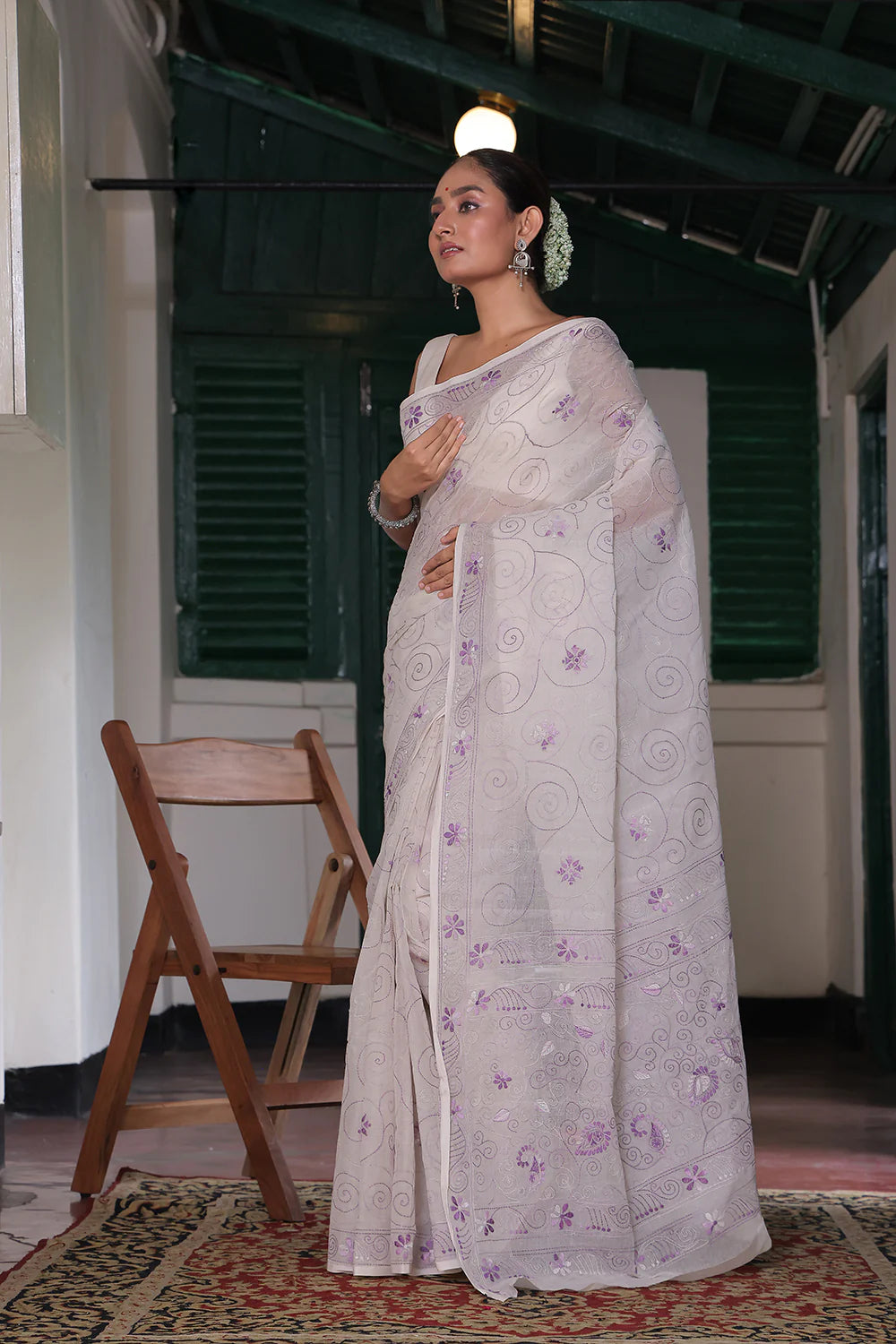 Handloom White Pure Cotton Kantha Saree