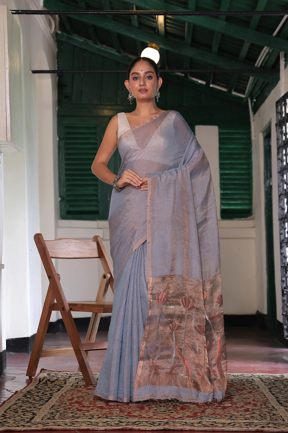 Handloom Grey Tissue Linen Saree with Gold Zari Tulip Pallu