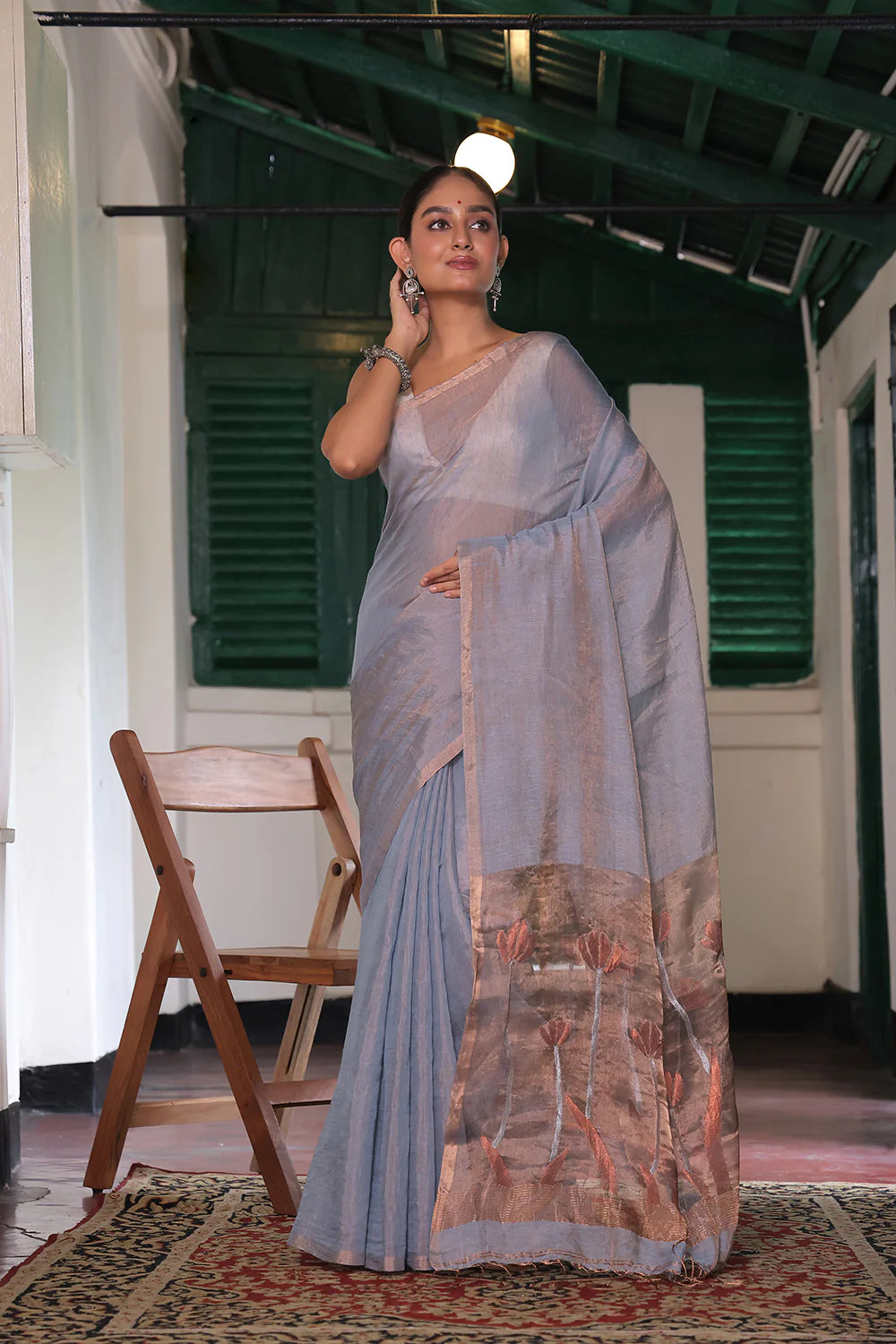 Handloom Grey Tissue Linen Saree with Gold Zari Tulip Pallu