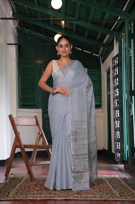 Handloom Grey Tissue Linen Saree with Sequin Pallu