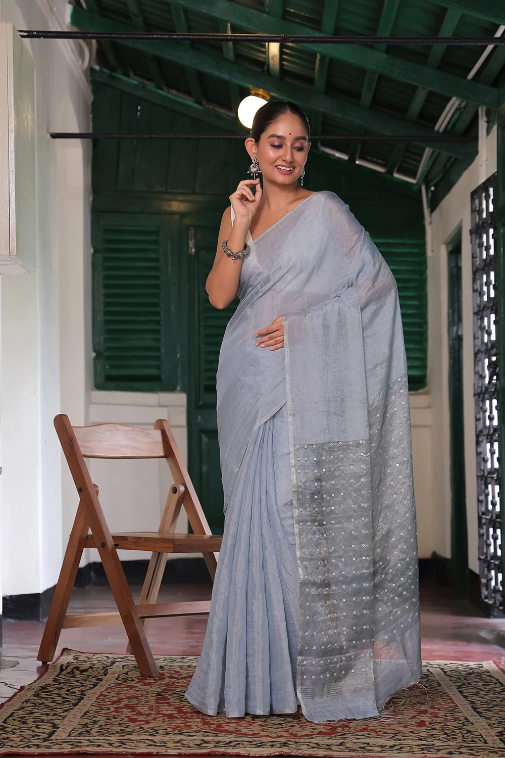 Handloom Grey Tissue Linen Saree with Sequin Pallu