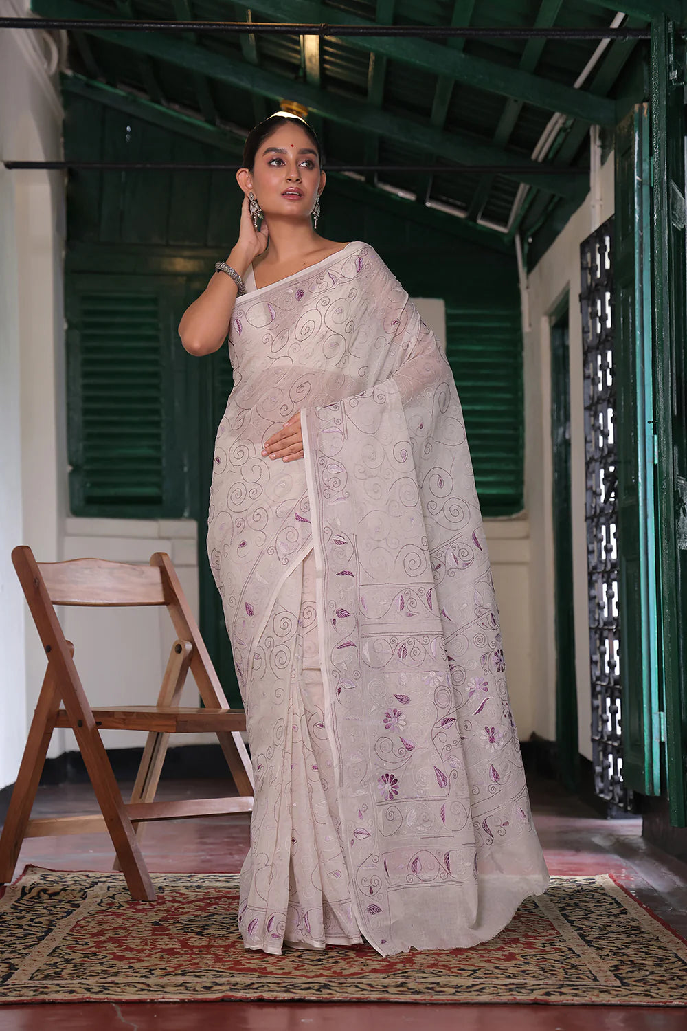 Handloom Off White Pure Cotton Kantha Saree