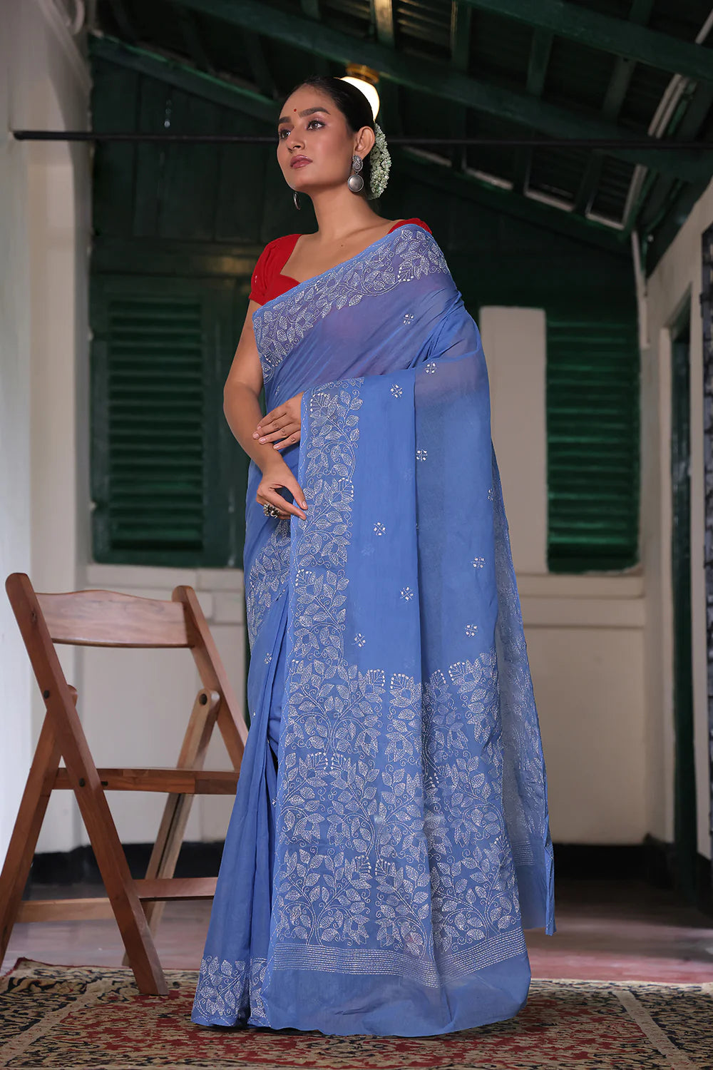 Handloom Blue Pure Cotton Floral Kantha Saree