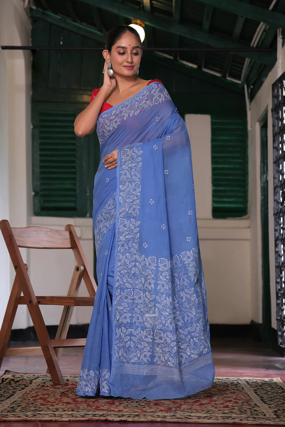 Handloom Blue Pure Cotton Floral Kantha Saree