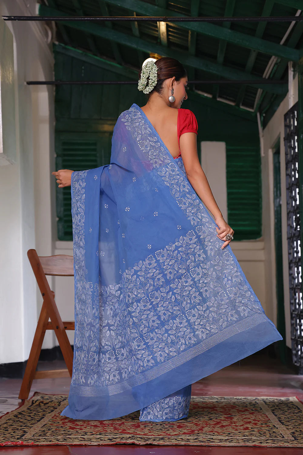 Handloom Blue Pure Cotton Floral Kantha Saree