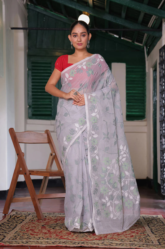 Handloom Grey Pure Cotton Jamdani Saree with Green & White Floral Motifs