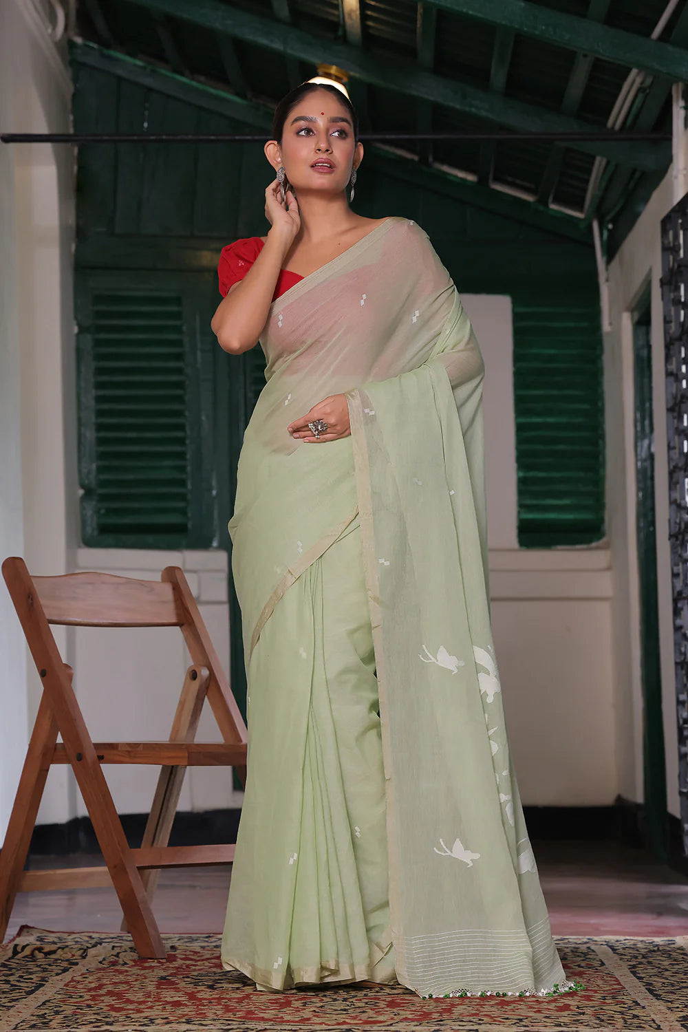 Handloom Pastel Green Soft Cotton Jamdani Saree with Butterfly Motifs