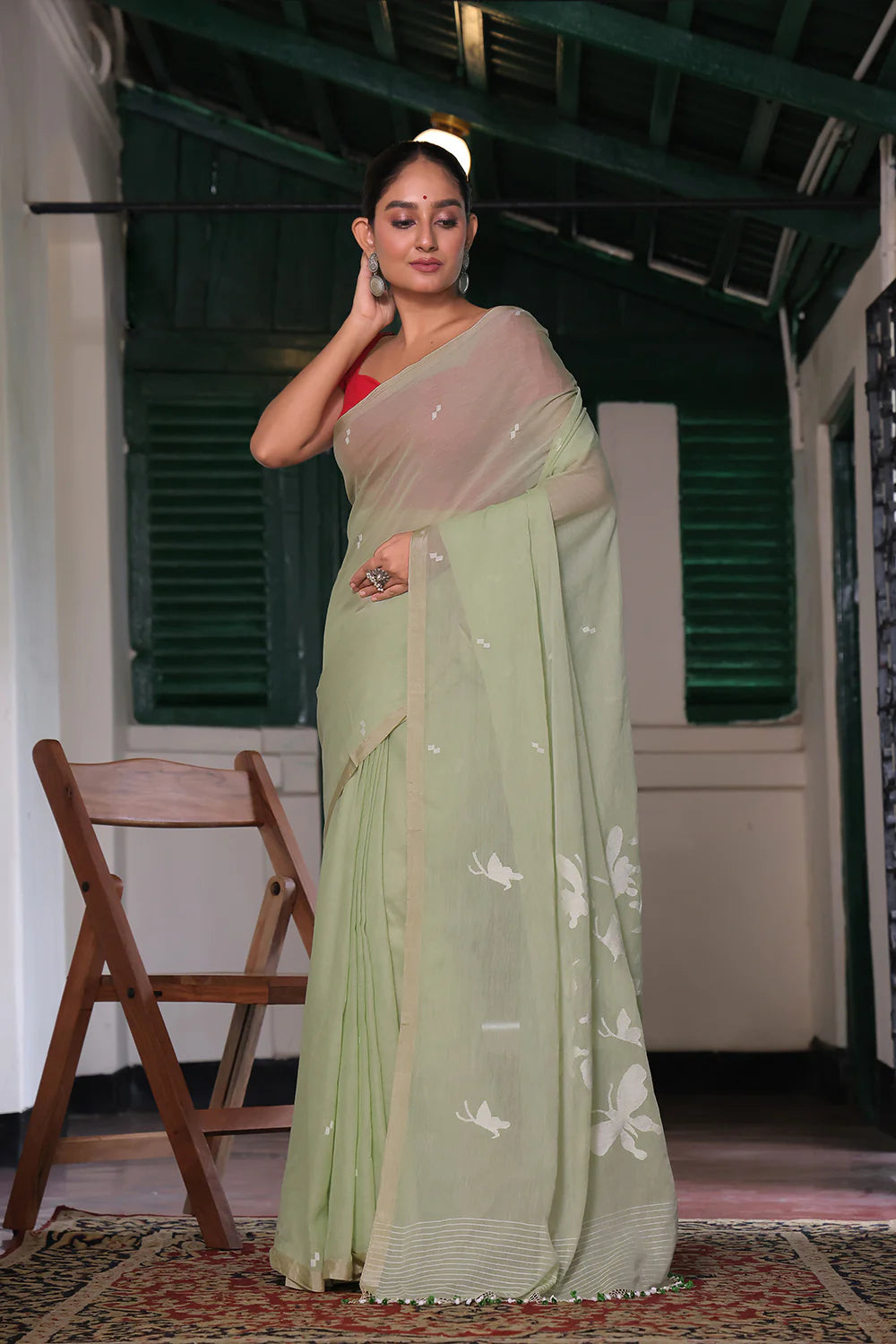 Handloom Pastel Green Soft Cotton Jamdani Saree with Butterfly Motifs