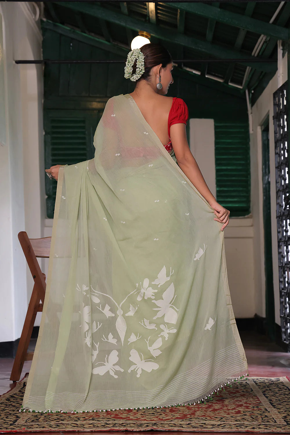 Handloom Pastel Green Soft Cotton Jamdani Saree with Butterfly Motifs