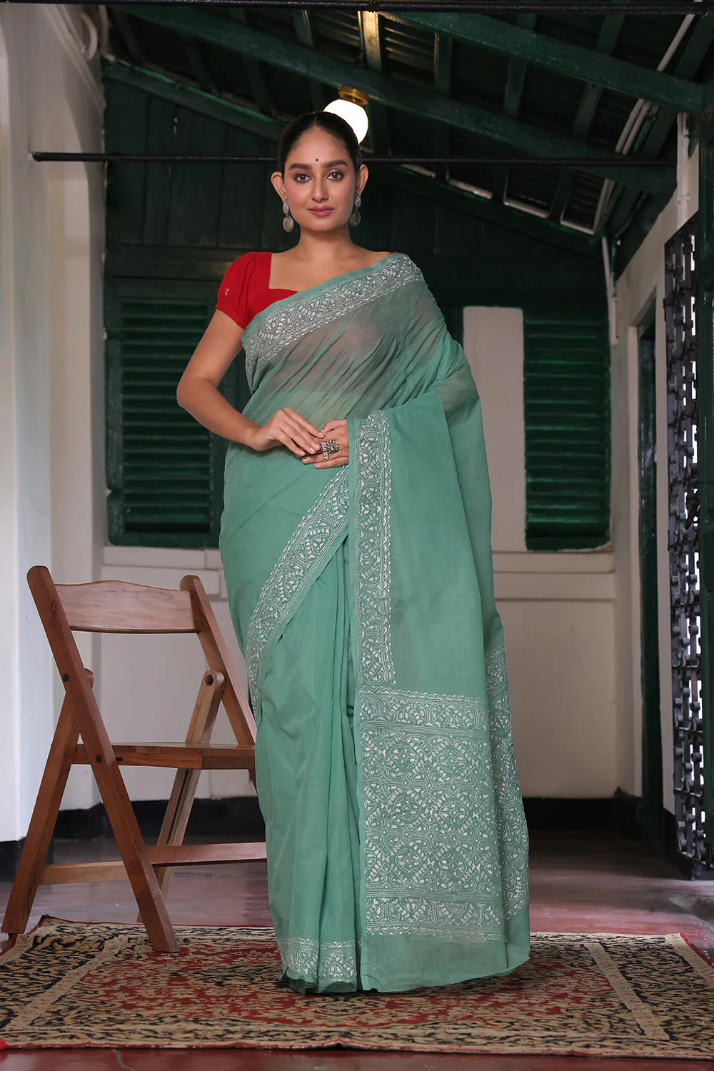 Handloom Sage Green Pure Cotton Kantha Saree