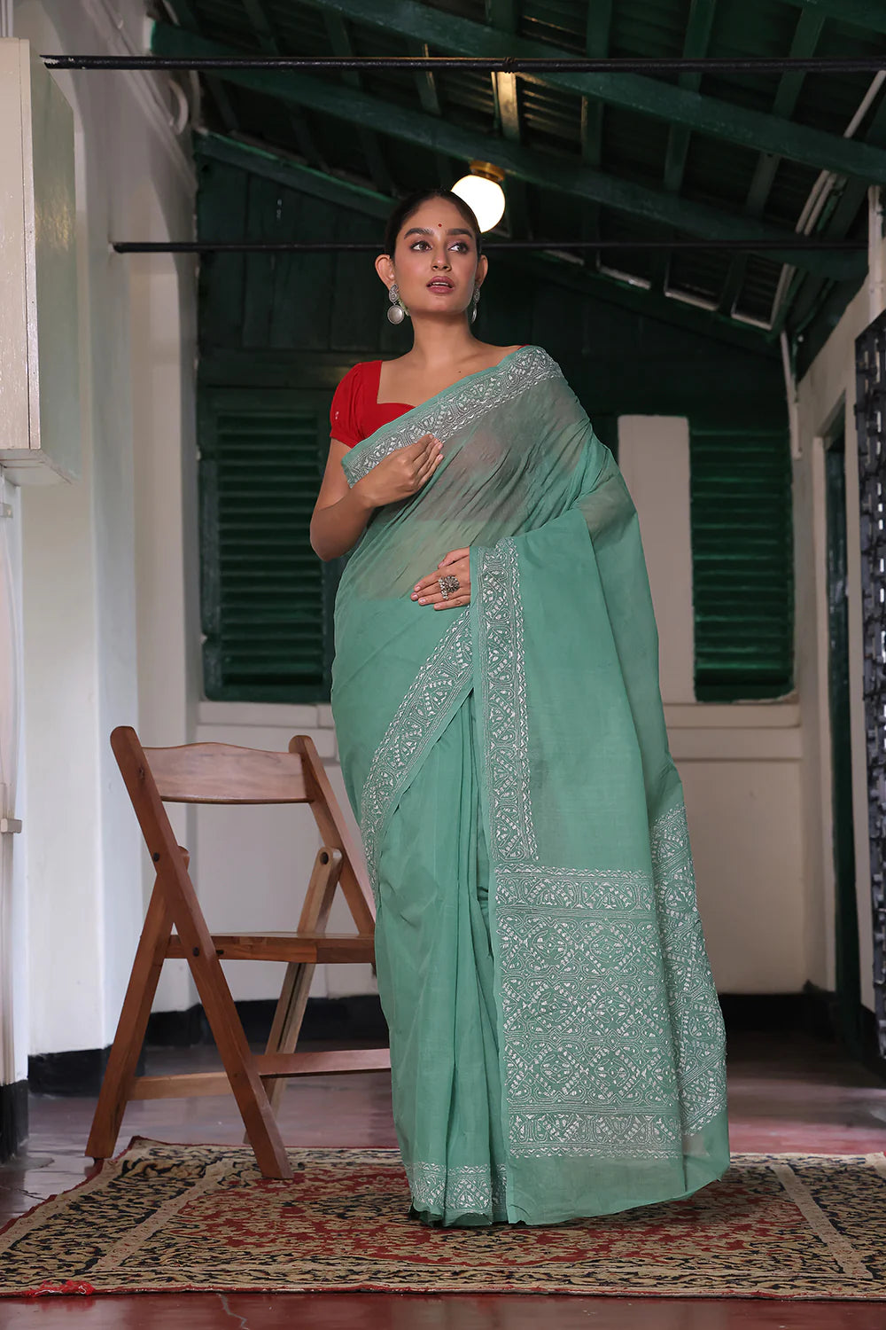 Handloom Sage Green Pure Cotton Kantha Saree