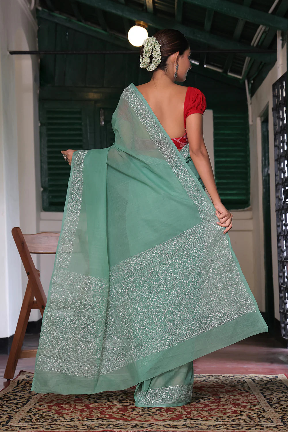 Handloom Sage Green Pure Cotton Kantha Saree