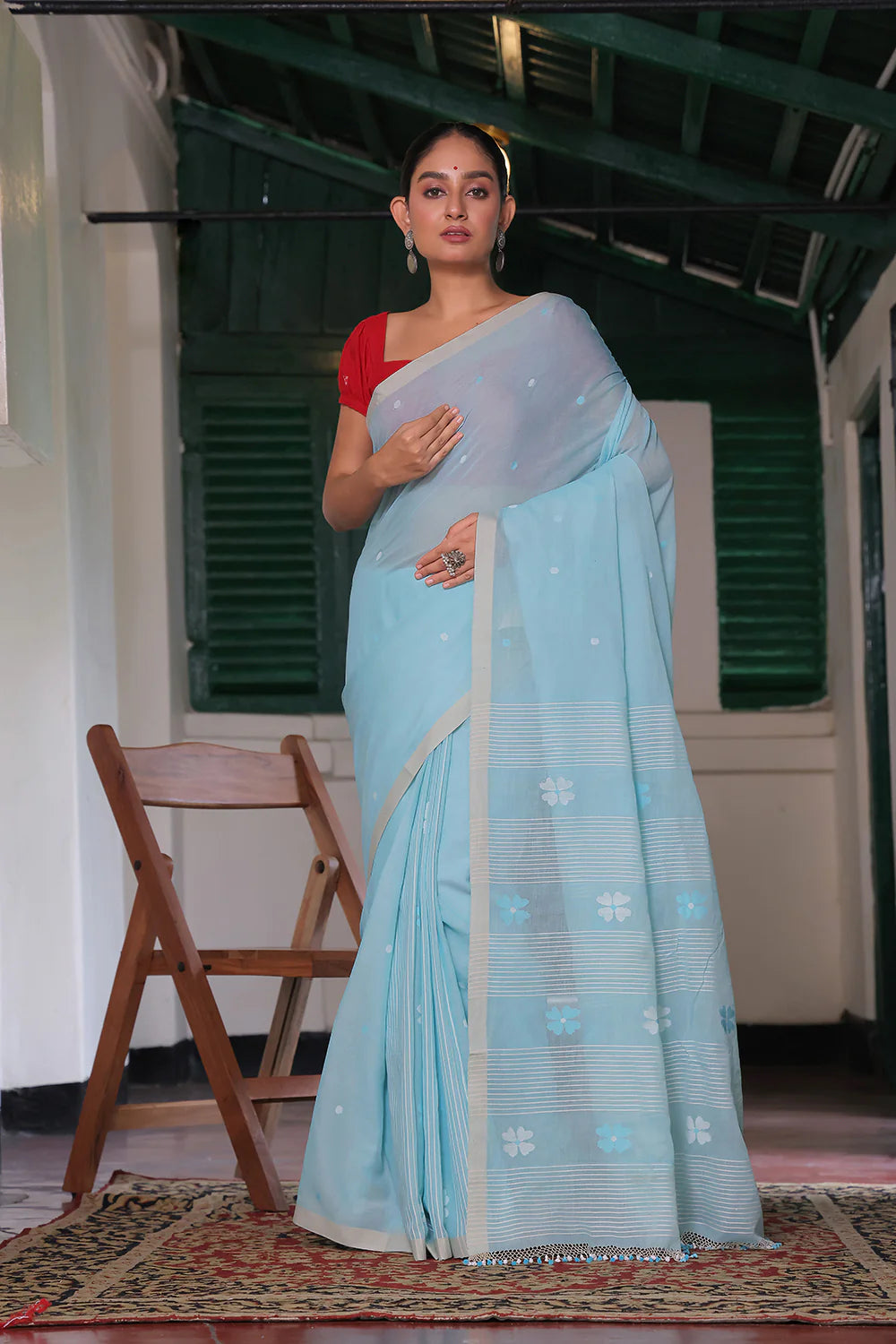 Handloom Sky Blue Soft Cotton Jamdani Saree