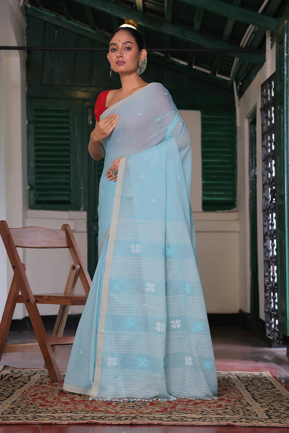 Handloom Sky Blue Soft Cotton Jamdani Saree