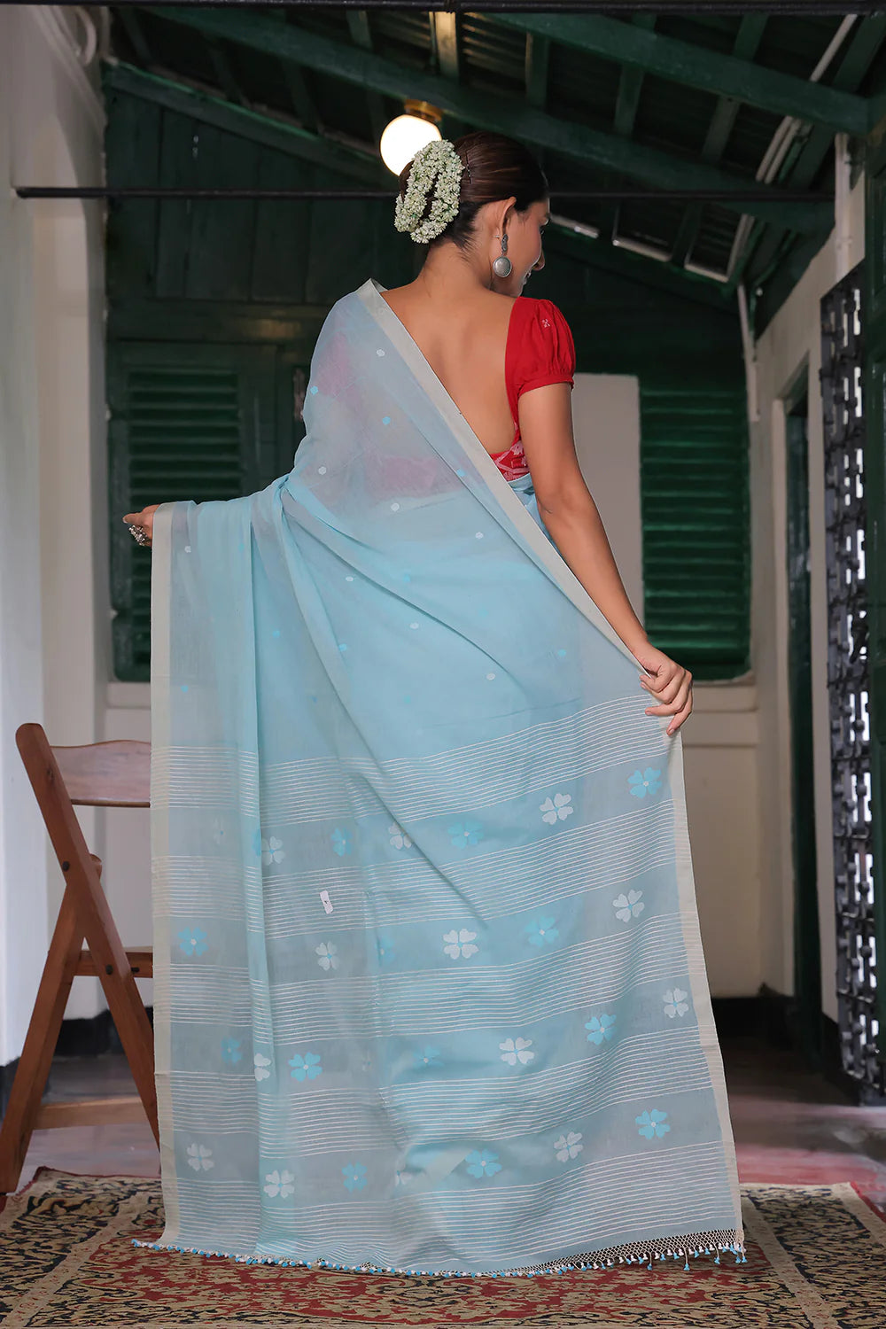 Handloom Sky Blue Soft Cotton Jamdani Saree