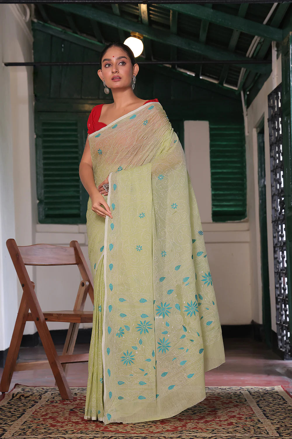 Handloom Mint Green Pure Cotton Floral Kantha Saree