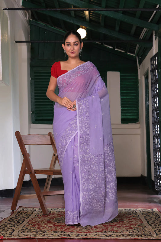 Handloom Purple Pure Cotton Floral Kantha Saree