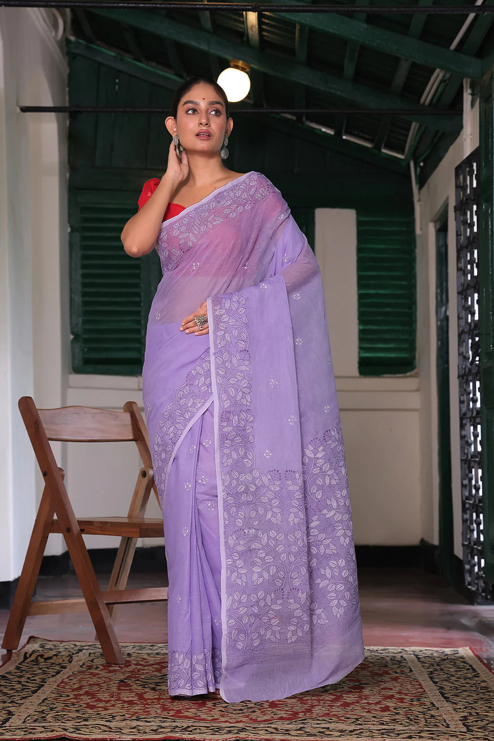 Handloom Purple Pure Cotton Floral Kantha Saree