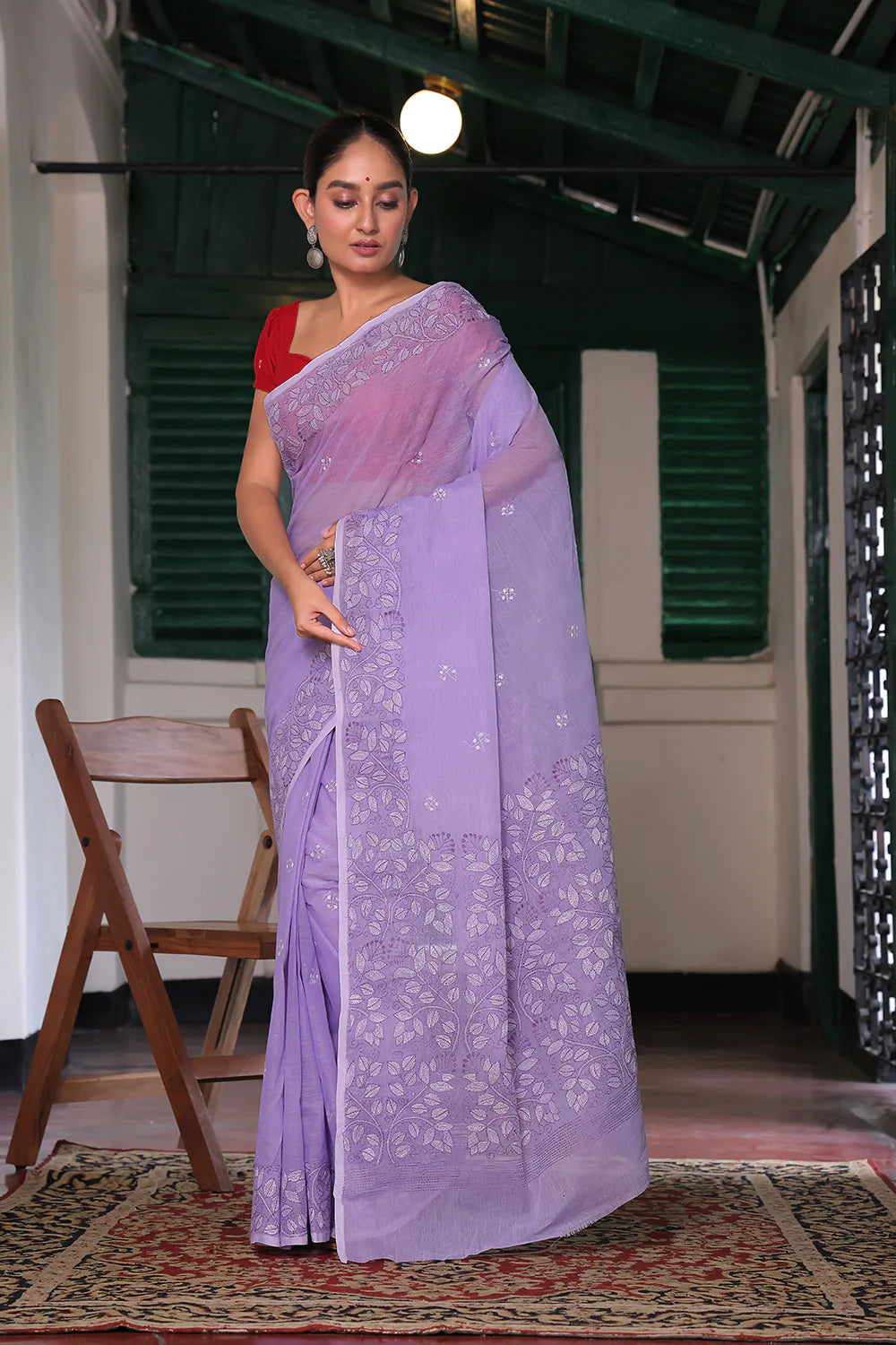 Handloom Purple Pure Cotton Floral Kantha Saree