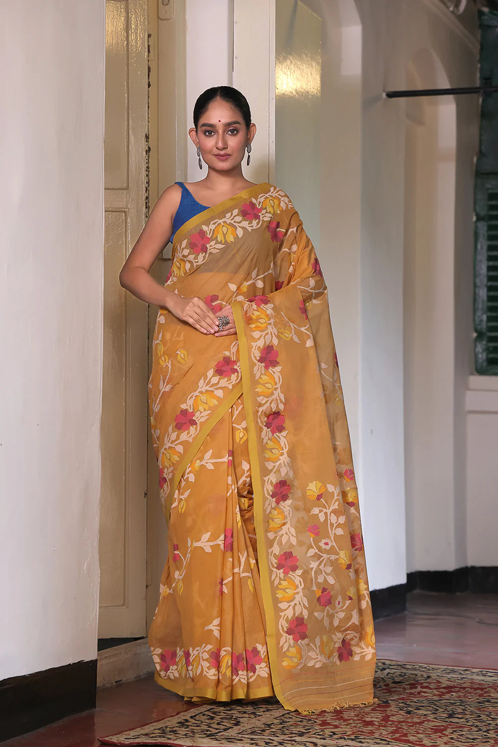 Handloom Ochre Yellow Pure Cotton Jamdani Saree with Floral Motifs