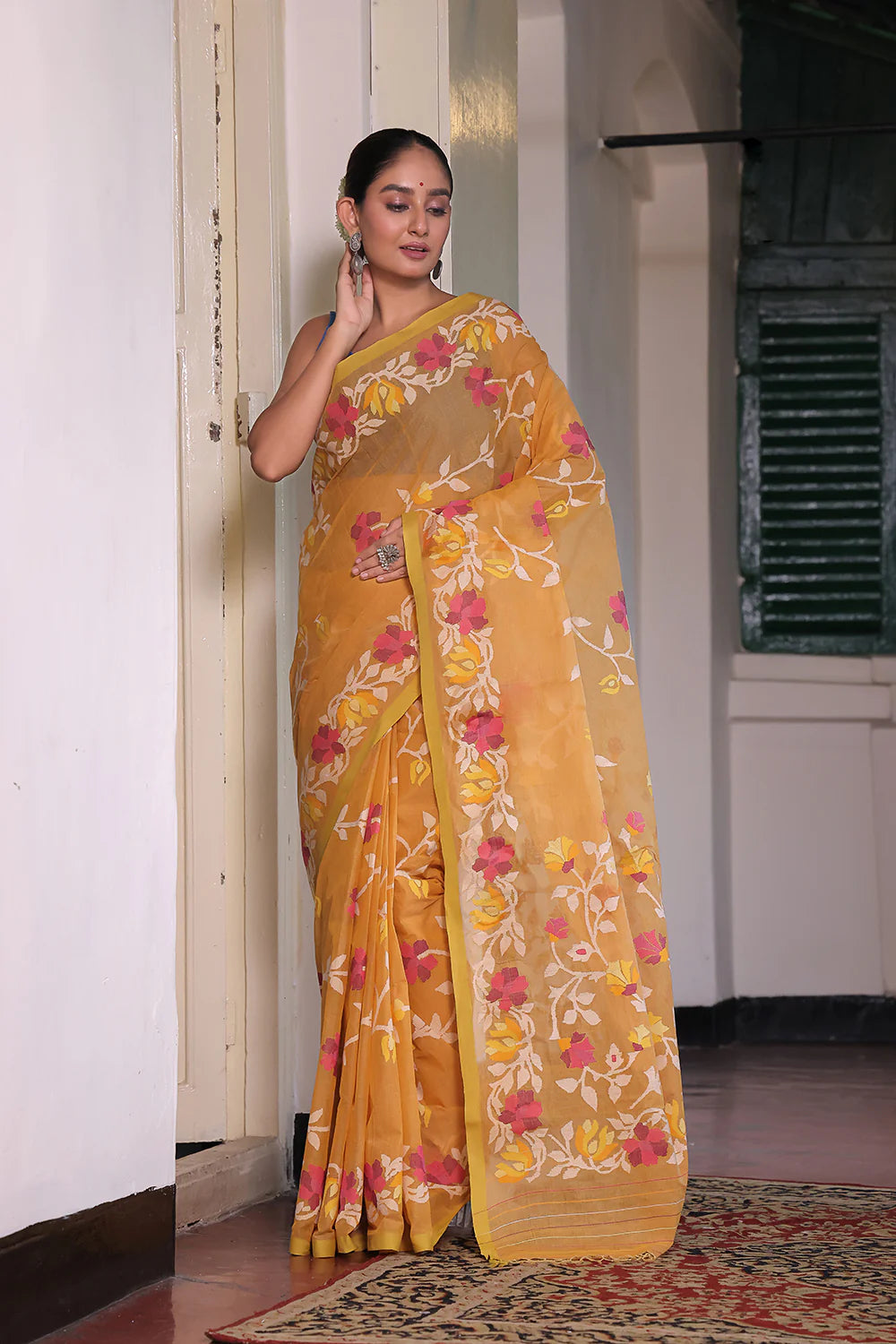 Handloom Ochre Yellow Pure Cotton Jamdani Saree with Floral Motifs