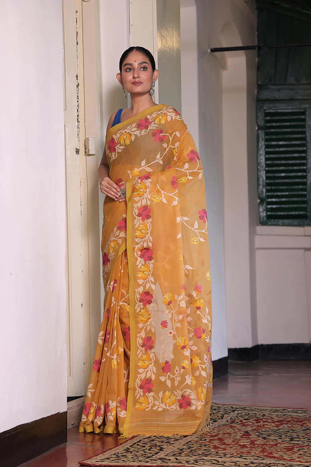 Handloom Ochre Yellow Pure Cotton Jamdani Saree with Floral Motifs