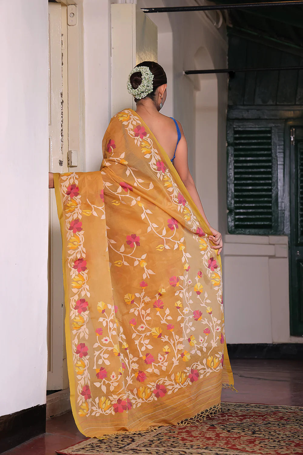 Handloom Ochre Yellow Pure Cotton Jamdani Saree with Floral Motifs