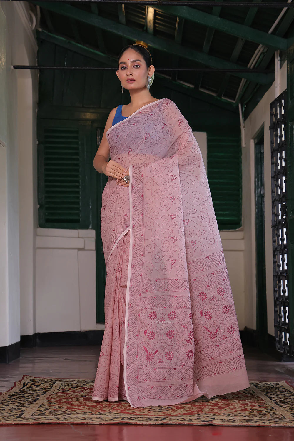 Handloom Flamingo Pink Pure Cotton Kantha Saree