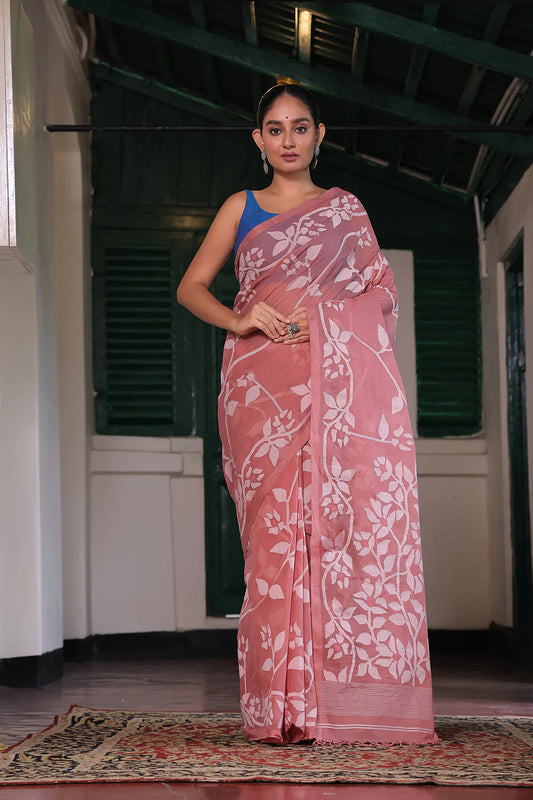 Handloom Mulberry Pink Pure Cotton Jamdani Saree  with Floral Motifs