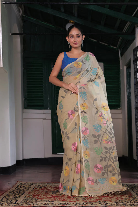 Handloom Yellow Cream Pure Cotton Jamdani Saree with Floral Motifs