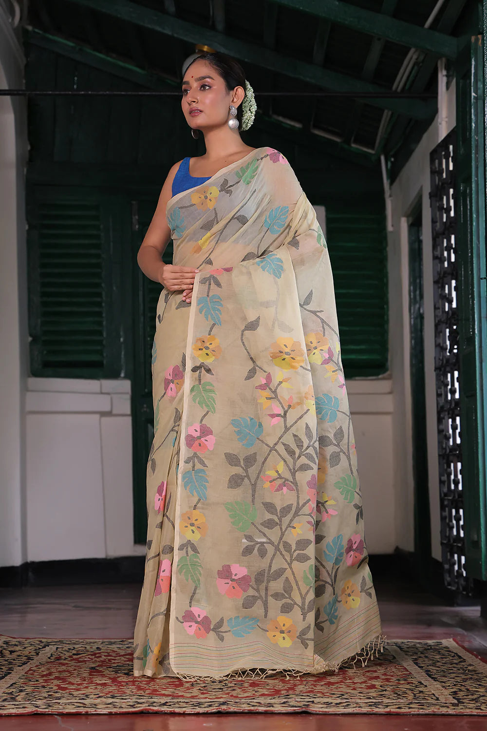 Handloom Yellow Cream Pure Cotton Jamdani Saree with Floral Motifs