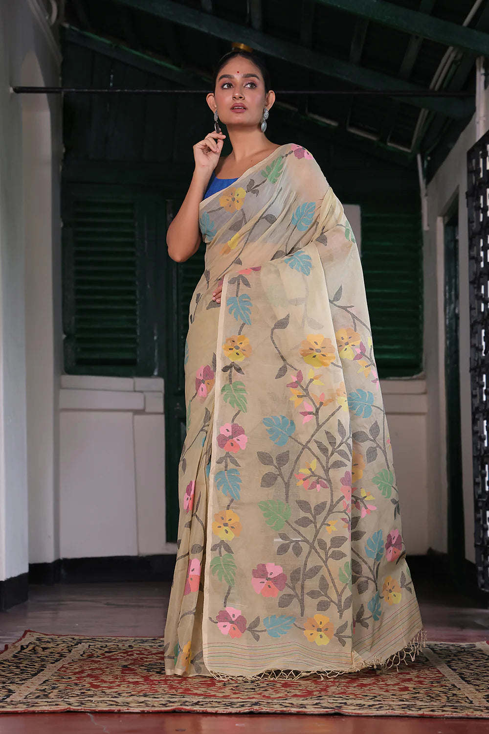 Handloom Yellow Cream Pure Cotton Jamdani Saree with Floral Motifs