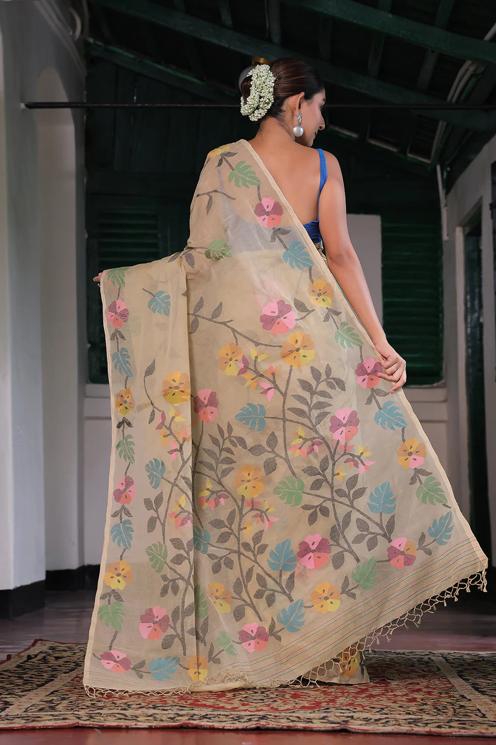 Handloom Yellow Cream Pure Cotton Jamdani Saree with Floral Motifs