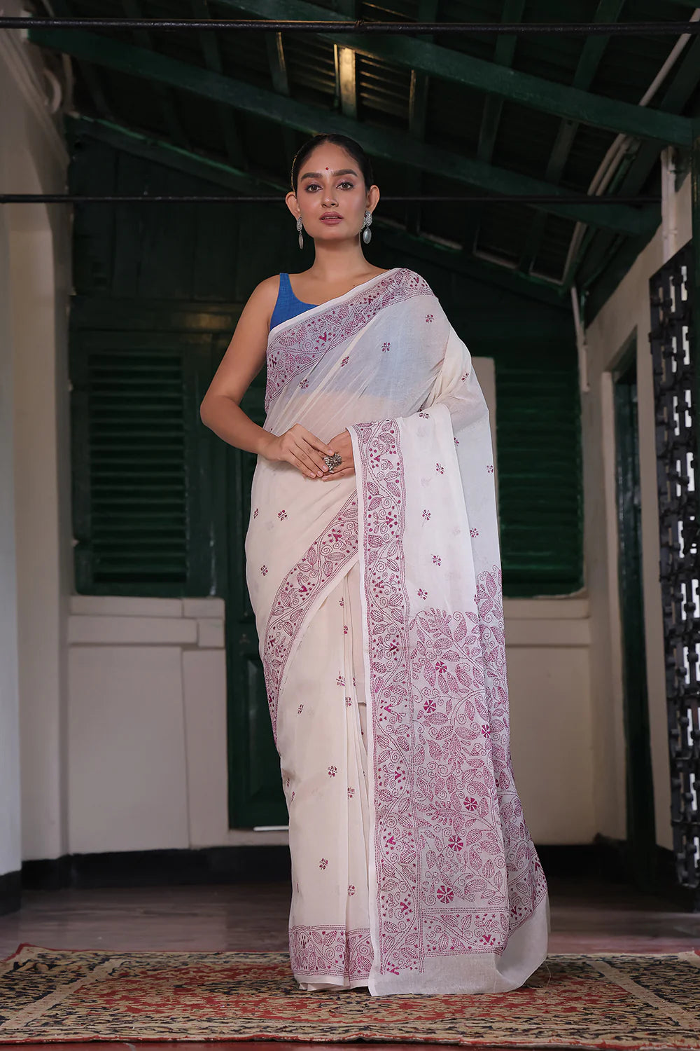 Handloom White Pure Cotton Wine Floral Kantha Saree