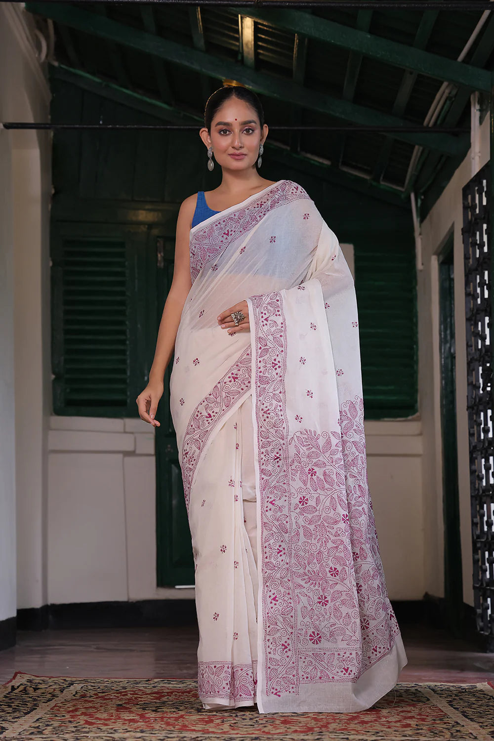 Handloom White Pure Cotton Wine Floral Kantha Saree